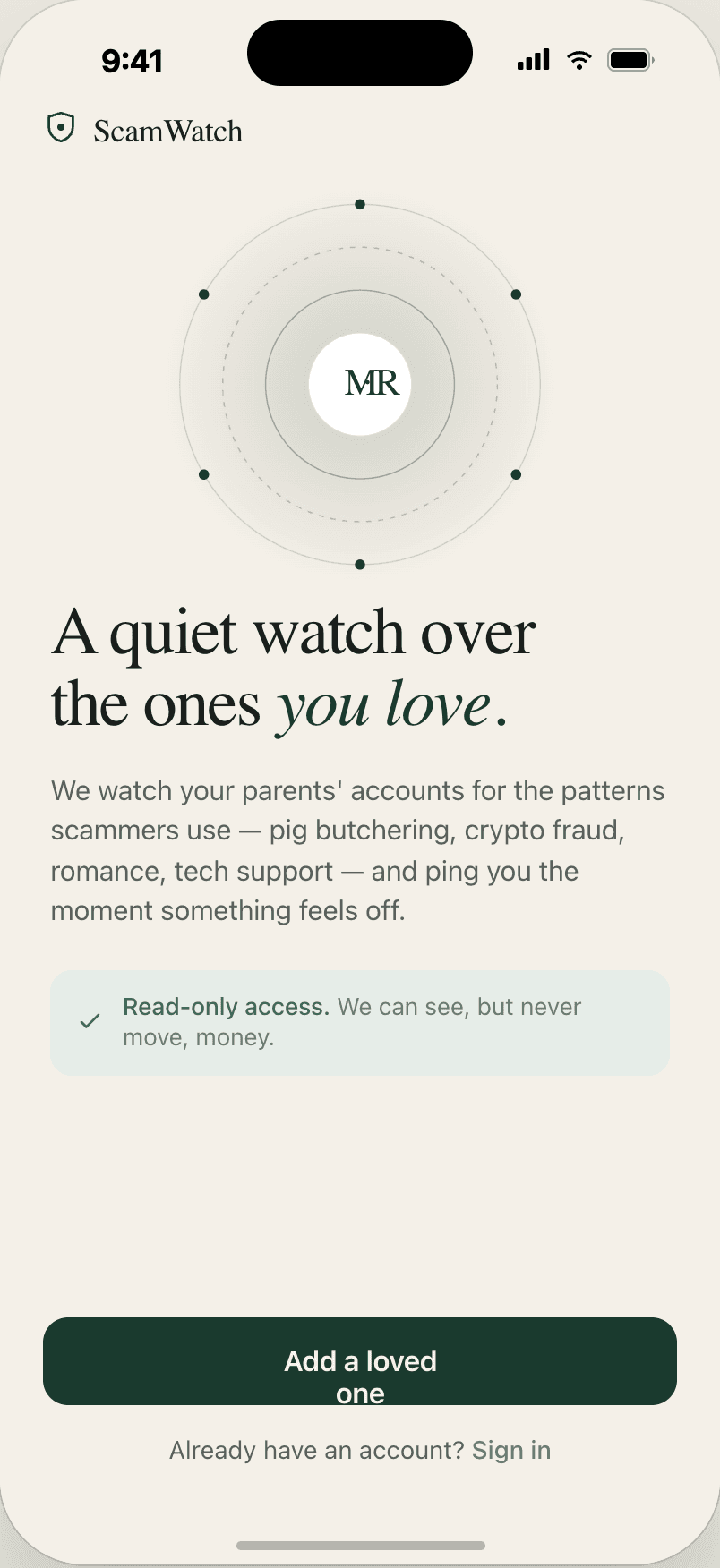 ScamWatch welcome screen
