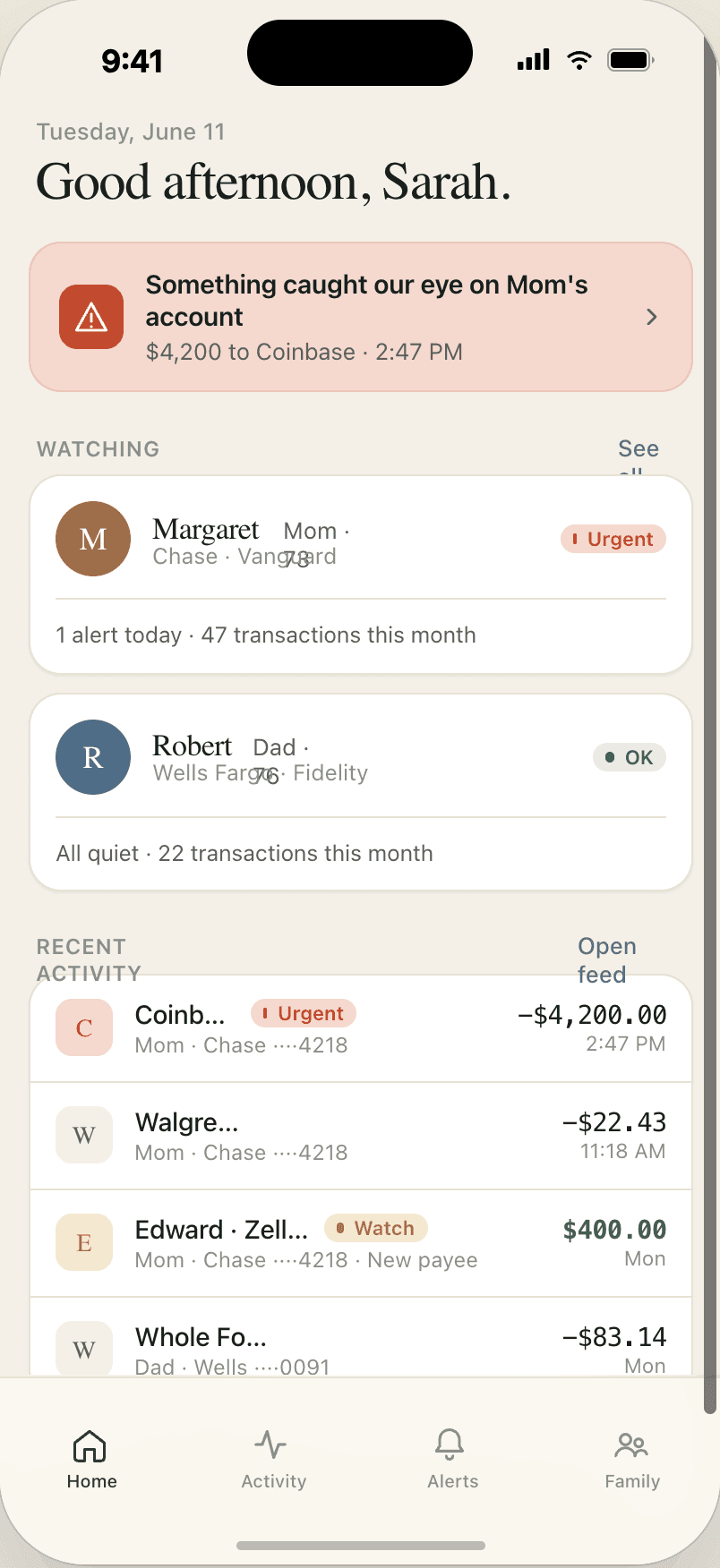 ScamWatch dashboard showing watched family members and recent activity